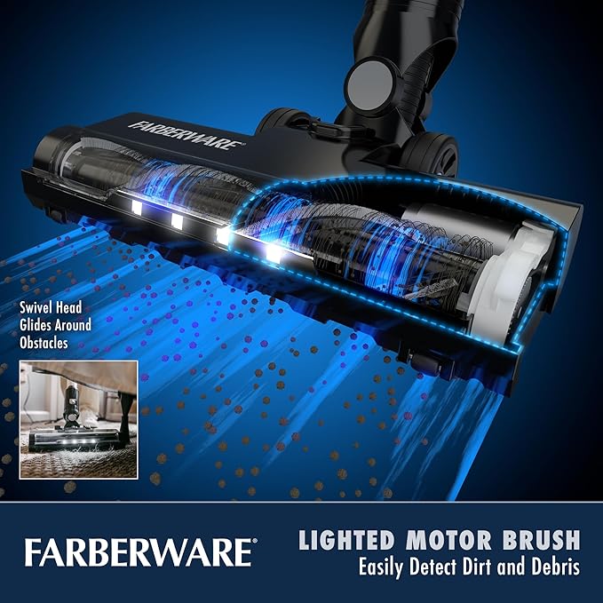 Farberware Classic Stick Vacuum Cleaner Powerful Suction and Lighted Motor Brush for Carpet and Hard Floors Converts to Handheld Vacuum for Pet Hair