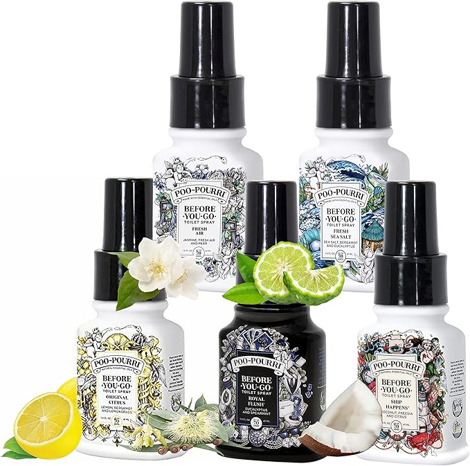 Poo-Pourri Set - Includes Original Citrus Fresh Sea Salt Fresh Air Ship Happens and Royal Flush 1.4 Ounce Bottles