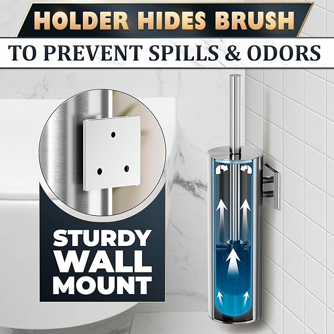 Silver Modern Toilet Brush and Holder Set with Wall Mount - Stainless Steel Toilet Brush with Holder - Removable Inner Bowl Shiny Design Splash Protection &amp Dense Bristles for Bathroom Cleaning