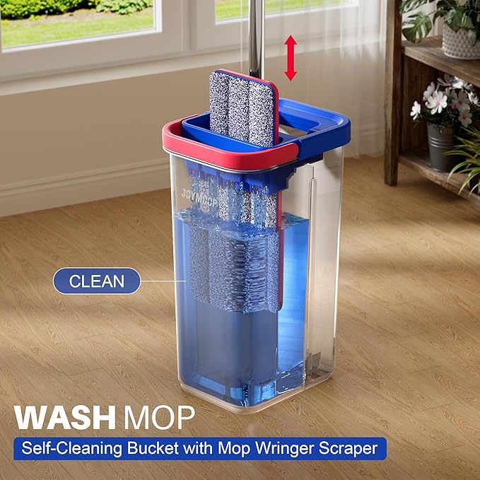 JOYMOOP Microfiber Flat Mop and Bucket System Mops for Floor Cleaning and Wall Cleaner Hardwood Tile Laminate Vinyl Floors Smooth Walls and Glass Windows - 60 Flat Mop+3 Microfiber Pads[Black]