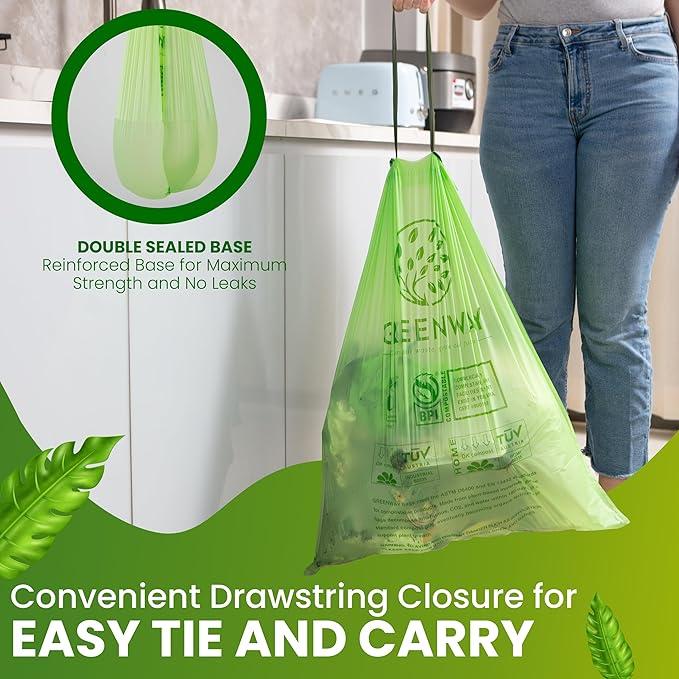 GREENWAY 13 Gallon Compostable Trash Bags Drawstring 50 Bags Heavy Duty Extra Thick 0.90 Mil Tall Kitchen Food Scrap Waste Bags US BPI and Europe OK Compost Home Certified