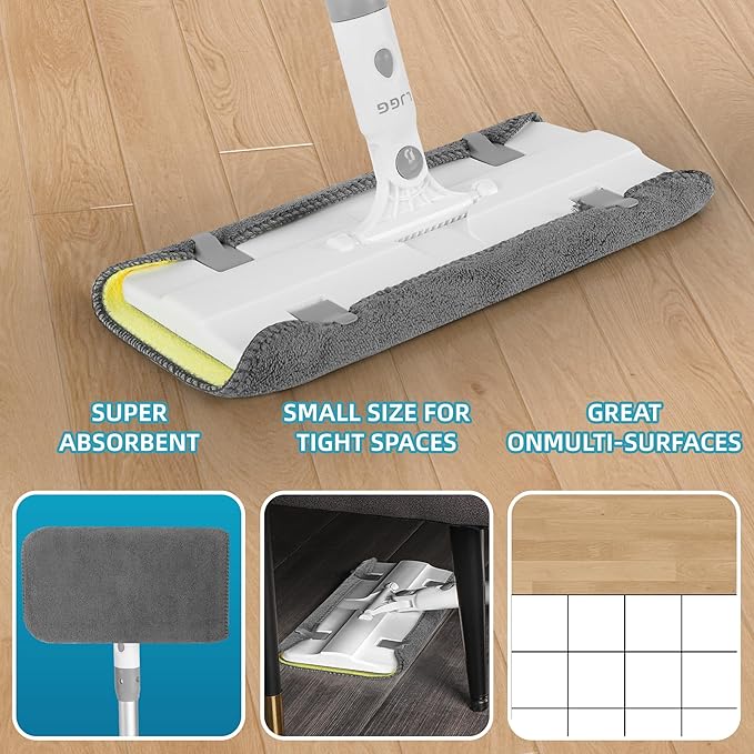 Reusable Microfiber Flat Mop for Floor Cleaning 10.8 in (27.5 cm) Aluminum Base with 52 in Aluminum Handle Includes 4 Washable Pads for Wet &amp Dry Use – LJGG (Gray/Yellow)
