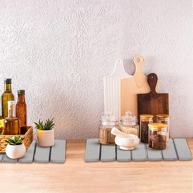 Sawysine 2 Pcs Stone Dish Drying Mats for Kitchen Counter 16x12 Collapsible Diatomaceous Earth Mats Absorbent Quick Drying Bath Kitchen Pad for Dishes Cups Bottles Fits Any Countertop(Light Gray)