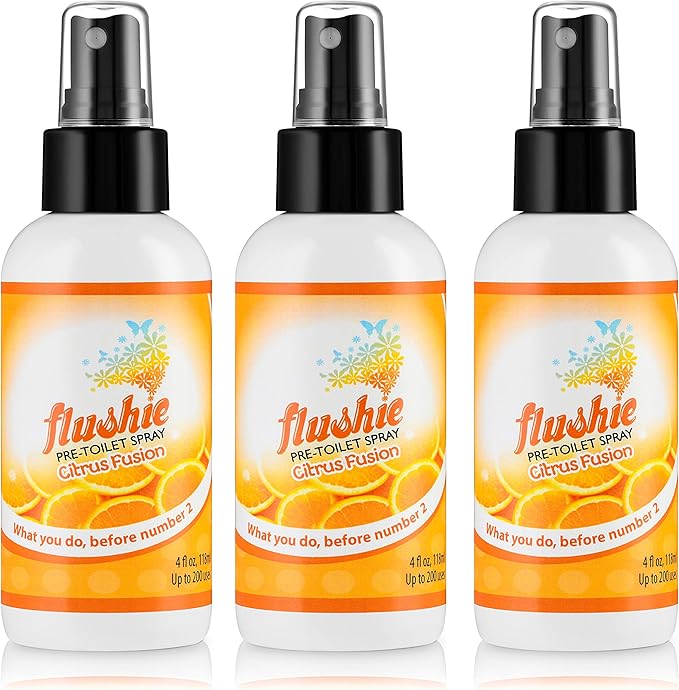 Flushie Pre-Toilet Spray for Poop Travel Size Toiletries Bathroom Spray for Poop Spray for Toilet Deodorizer Traveling Essentials Poop deodorizer Poop Odor eliminator 4oz (Citrus 3 Pack)