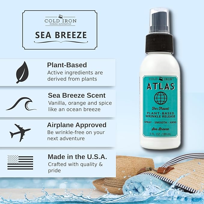 Cold Iron Wrinkle Release Spray for Clothes. 32 fl oz. Citrus Mint &amp Atlas Travel Size 3 fl oz Sea Breeze. Fast Easy to Use Ironing Alternative. Spray Smooth Hang. Award Winning