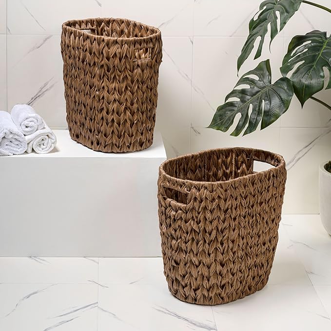 happimess HPM1407B-SET2 Maple Contemporary Farmhouse Resin 4.5-Gallon Tapered Oval Wicker Watebasket with Handles Brown (Set of 2)
