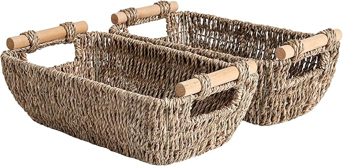 StorageWorks Small Baskets for Shelf Seagrass Woven Basket with Wooden Handles for Gifts 2-Pack