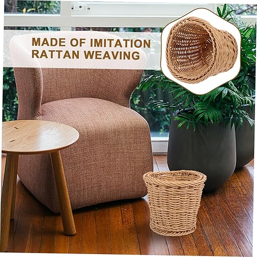 Happyyami Woven Trash Can for Bathroom Round Rattan Waste Basket Ample Storage Stylish Home Office Container Versatile Sundries Bin for Kitchen and Laundry