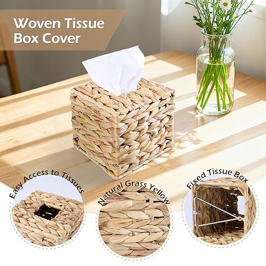 Wicker Trash Can and Handwoven Tissue Box Cover Set Rattan Waste Basket with Lid and Liner Boho Decorative Water Hyacinth Square Napkin Box Holder for Bathroom Bedroom Kitchen Living Room
