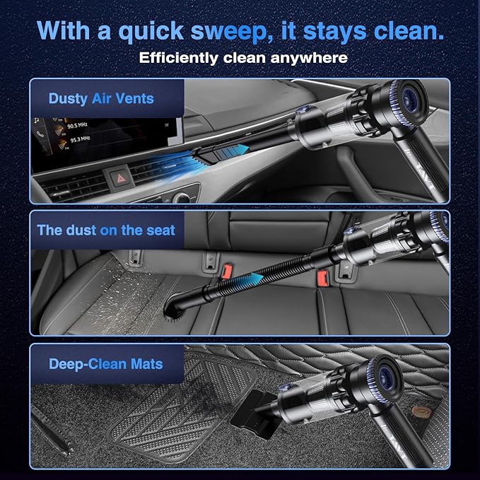 Car Vacuum Portable Cordless 19000PA Suction Power [3 Suction Modes] &amp 6000mAh Battery [USB-C Charging Cable] 4-in-1 Wireless Mini Handheld Cleaner for Home Car Pet Office