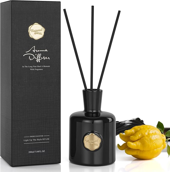 XEPTLE Reed Diffuser Set 7.04 oz Oud &amp Bergamot Scent Diffuser with 5 Sticks Long Lasting Air Freshener Essential Oil Reed Diffuser for Home Home Fragrance for Office Bathroom Shelf Decor Bl