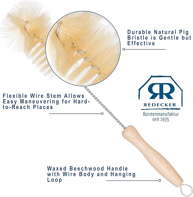 Redecker Natural Pig Bristle Soda Bottle Brush 11-3/4-Inches Flexible Wire Handle Made in Germany