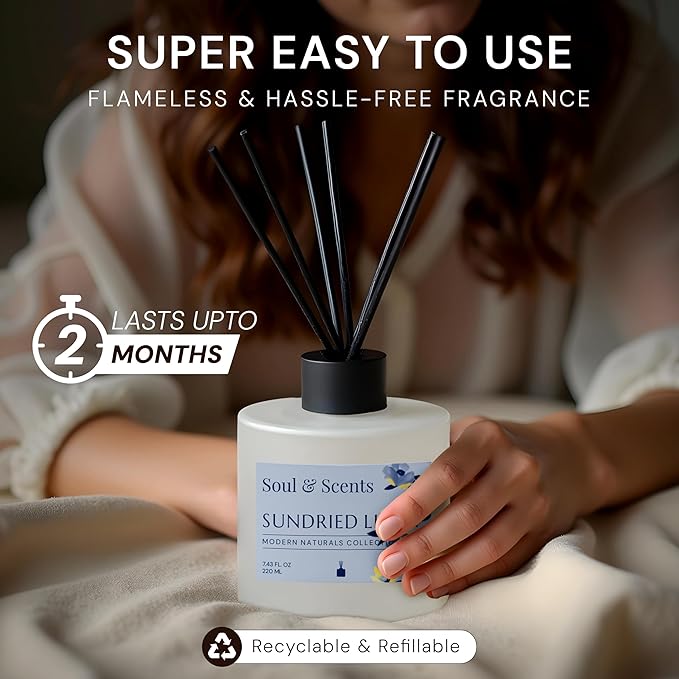 Soul &amp Scents Reed Diffuser Set – Sundried Linen | 7.43 oz Refillable Scented Oil with 6 Fiber Sticks | Long-Lasting Home Fragrance &amp Air Freshener for Bedroom Bathroom Office | Gift &amp D