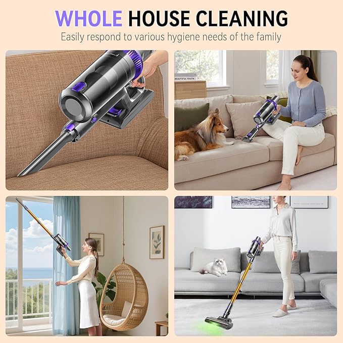 Cordless Vacuum Cleaner 600W 55KPA 60Mins Vacuum Cleaners for HomeAnti-tangle Wireless VacummRechargeable Vacuum With Green LightPowerful Stick Vacuum for Carpet/Hardwood FloorsPet HairPurple