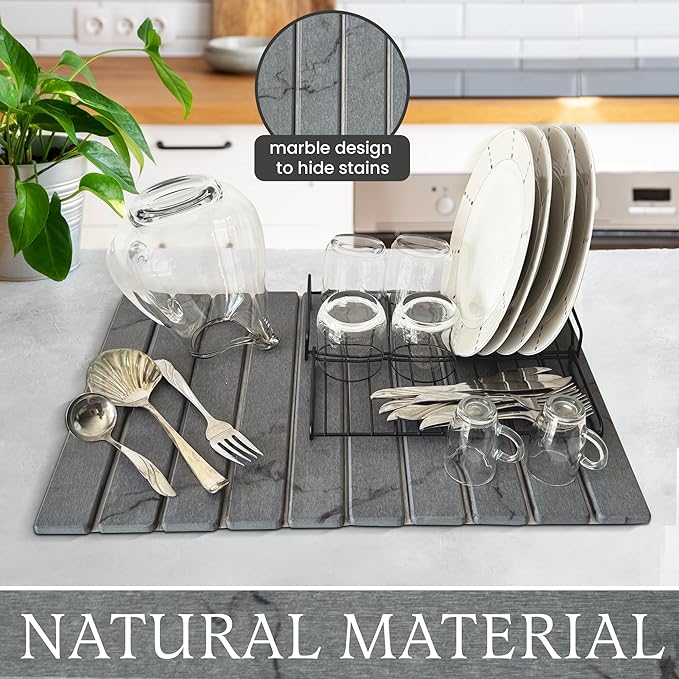 Stone Drying Mat + Foldable Black Metal Dish Rack – Complete 2-Tier Kitchen Drying System – Ultra Absorbent Dark Gray Mat for Plates Glasses &amp Cutlery – Modern &amp Hygienic Counter Organizer -