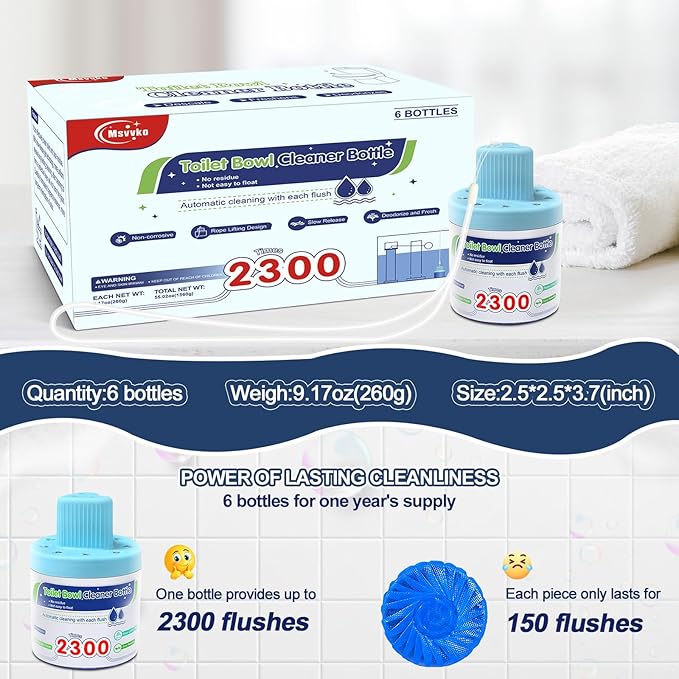 Toilet Bowl Cleaner Automatic Long-Lasting Blue Toilet Cleaner Bottle Septic Safe Toilet Bowl Tablets in Bottles Fresh Bathroom &amp Deodorize 6 Pack 2300 Flushes Each