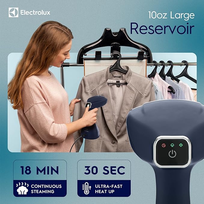 Electrolux Steamer for Clothes 1500 Watt Portable Handheld Fabric and Garment Steamer with Lint Remover &amp Fabric Brush Ultra-Fast Heat Up 18 Min Continuous Steam for Powerful Wrinkle Remover B