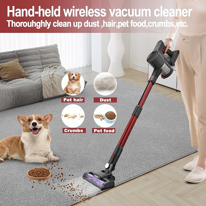 Cordless Vacuum Cleaner Powerful Brushless Motor 6-in-1 Lightweight Vacuum Cleaner Wall-Mounted with LED Display and Motor Mop Light for Pet Hair/Hardwood Floors/Cars（Gray）