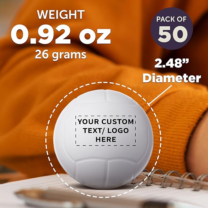 DISCOUNT PROMOS Custom Volley Ball Shaped Squeeze Balls Set of 50 Personalized Bulk Pack - Perfect for Promotional Giveaways - White