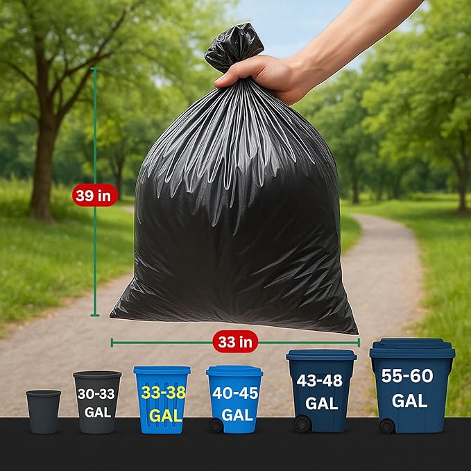33-38 Gallon Trash Bags Heavy Duty 100 Count Bulk (33'' x 39'') | Black Large Trash Bags 33+ 38 Gallon | Multipurpose for Office Outdoor Recycling Industrial and Commercial