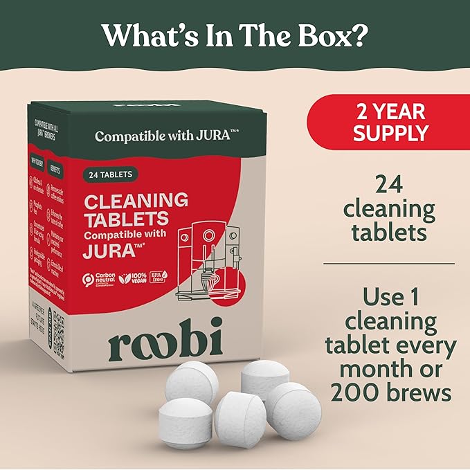 Roobi Compatible Cleaning Tablets for Jura. 24 Jura Cleaning Tablets for Automatic Espresso Coffee Machines. 100% Vegan Carbon Neutral.