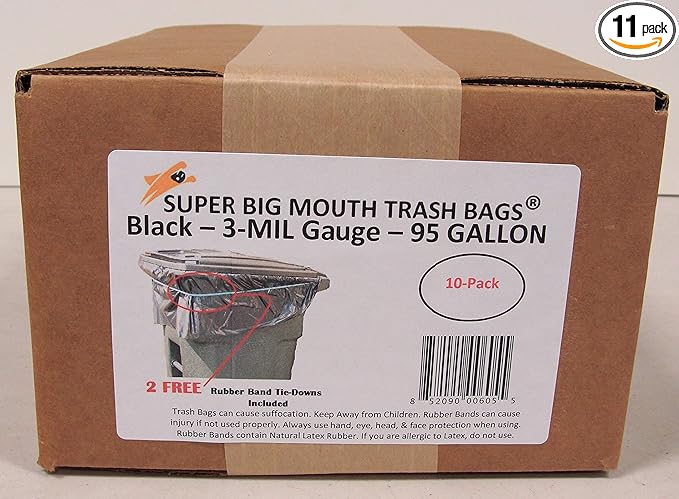 95 Gallon Super Big Mouth Trash Bags 10-Pack Plus 2 Free Rubber Tie Down Band