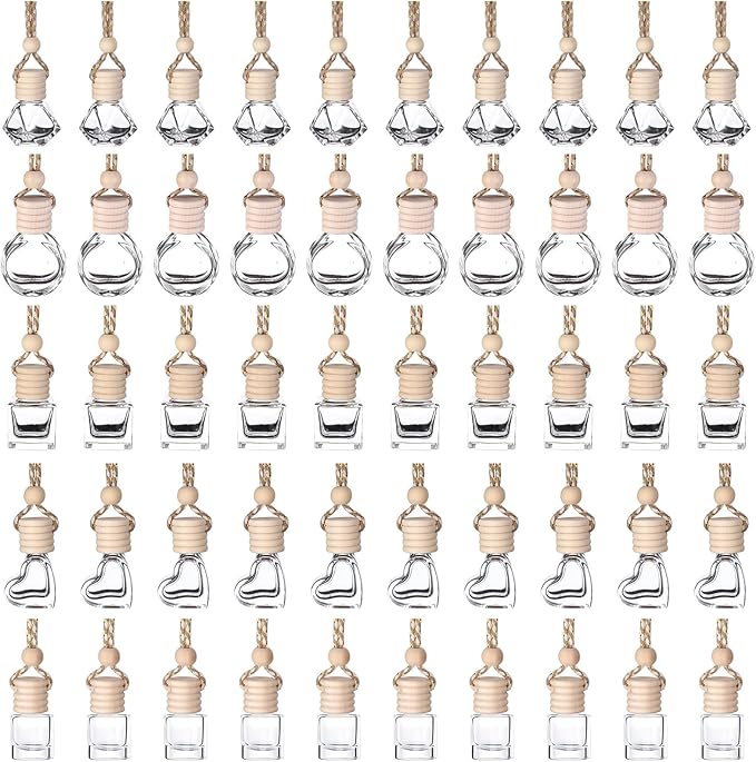 50Pcs 8ml&amp6ml Hanging Car Air Freshener Diffuser Empty Clear Glass Essential Diffuser Oil Aromatherapy Fragrance Perfume Pendant Glass Vials with Wooden Caps Car Diffuser Air Freshener