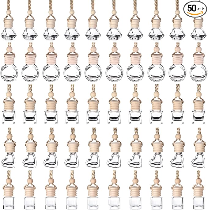 50Pcs 8ml&amp6ml Hanging Car Air Freshener Diffuser Empty Clear Glass Essential Diffuser Oil Aromatherapy Fragrance Perfume Pendant Glass Vials with Wooden Caps Car Diffuser Air Freshener
