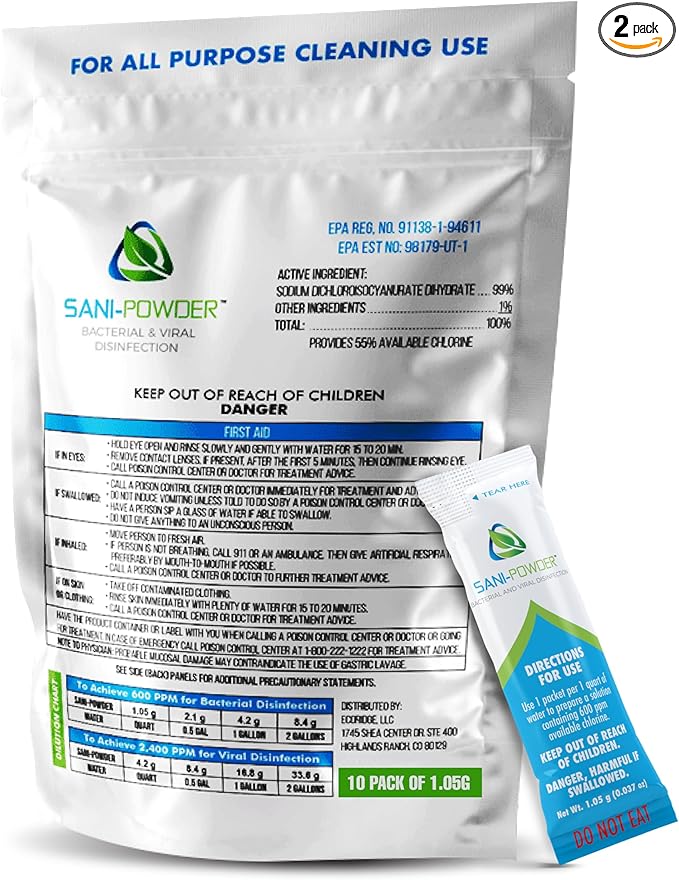 The Tile Doctor Sani Powder Granulated Hypochlorous Acid - Professional Grade Surface Disinfectant - Natural HOCL Multi Surface Cleaner - For Home Office &amp Medical Locations – 1.05 grams (2 pack)