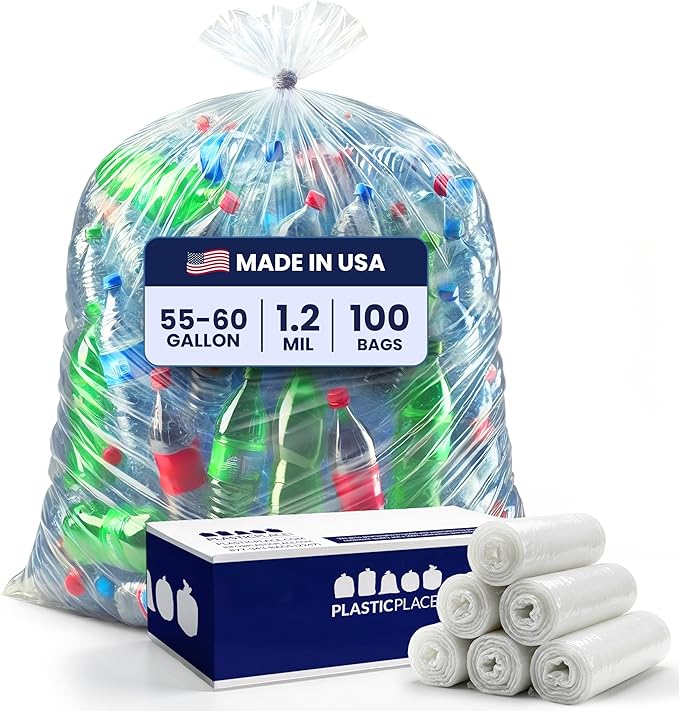 Plasticplace 55-60 gallon Trash Bags │ 1.2 Mil │ Clear Garbage Can Liners │ 38” x 58” (100Count)