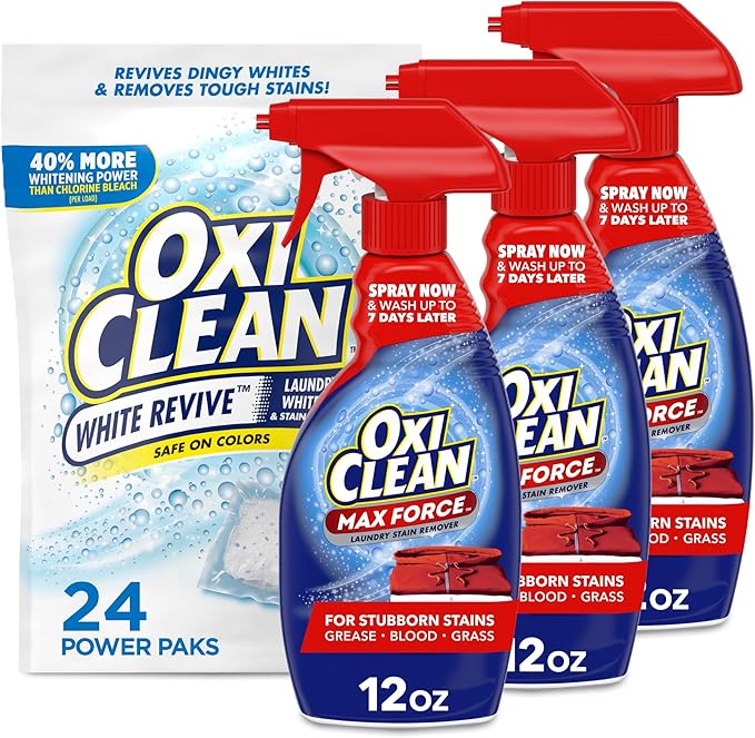 Bundle of OxiClean White Revive Laundry Whitener and Stain Remover Power Paks 24 Count + OxiClean Max Force Laundry Stain Remover Spray 12 Fl. Oz 3-Pack