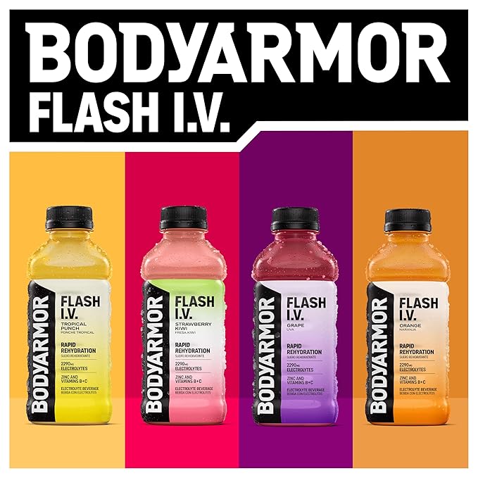 BODYARMOR Flash I.V. Electrolyte Beverage Strawberry Kiwi Hydration Drink with Coconut Water For Rapid Rehydration Post Workout Recovery 20 Fl Oz (Pack of 12)
