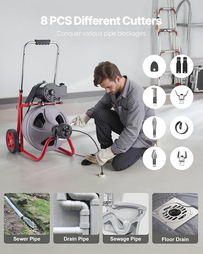 VEVOR Drain Cleaner Machine 75 FT x 3/8 Inch Auto Feed Sewer Snake Drain Auger on Wheels Portable Drain Cleaning Machine with 8 Cutters &amp Air-Activated Foot Switch for 2 to 4 Pipes