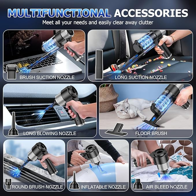 JONYJ Handheld Car Vacuum Cleaner Cordless 16000PA Hand Held Vacuum Portable 2 in 1 Air Duster and Mini Vacuum Cleaner Rechargeable with Led Multi-Nozzles &amp Washable Filters for Home Office Car
