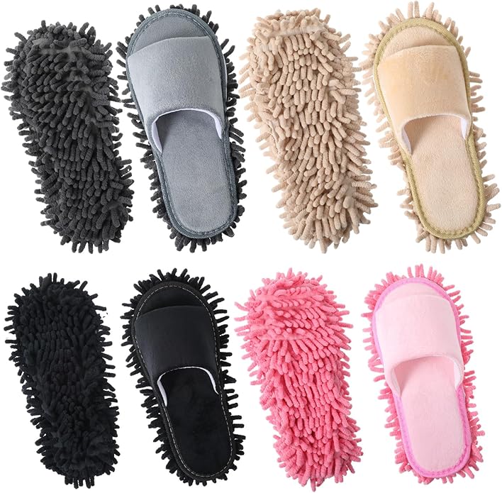 4 Pair Washable Mop ShoesRemovable Microfiber Cleaning SlippersMopping Slippers for Women and Men Home Office Floor Dust and Dirt Cleaning (Beige Gray Pink Black)