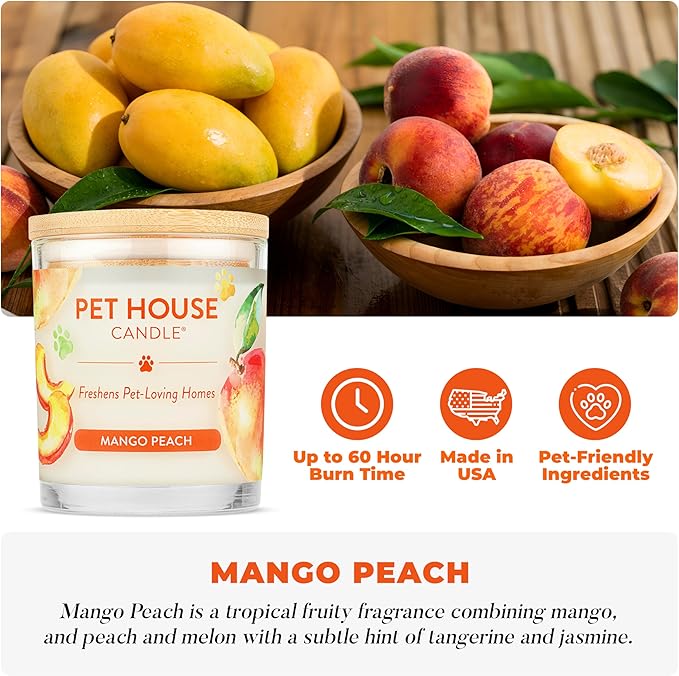 Pet House Candles Plant-Based Clean Burning Long Lasting Pet Odor Candles for Home 60 Hour Burn Time with a Natural Fiber Wick - Mango Peach 2 Pack