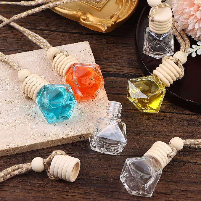 50pcs 8ml Hanging Car Air Freshener Empty Clear Glass Essential Oil Aromatherapy Fragrance Perfume Pendant Glass Vials with Wooden Caps Hanging String Car Diffuser Bottles