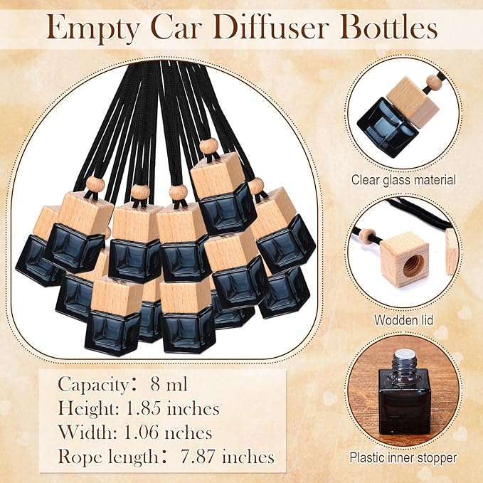 60 Sets Car Diffuser Bottles Empty Bulk Hanging Car Air Freshener Diffuser Bottles Bulk Glass Perfume Holder with Instruction Cards for Essential Oil Fragrance Pendant(SquareBlack)