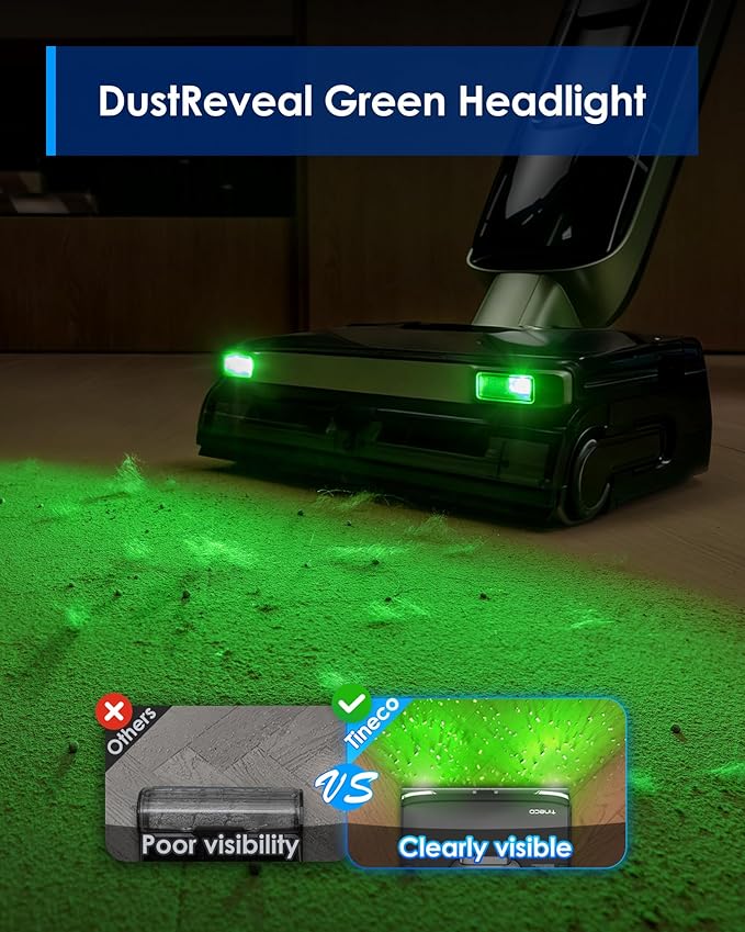 Tineco Floor ONE S7 Master Wet Dry Vacuum Cleaner 23kPa Suction Vacuum Mop with DustReveal Green Headlight 65 Min Runtime 185°F Flashdry 3.9inch Ultra-Slim Stretch Mop