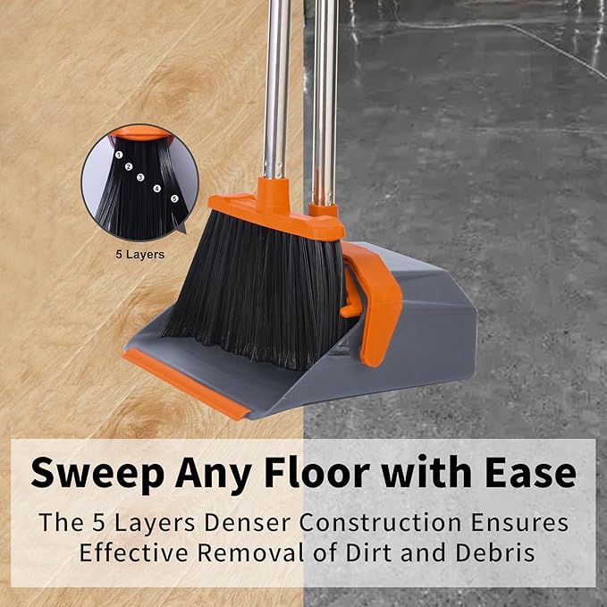 Broom and Dustpan Set with 51'' Long Handle Upright Broom and Dustpan Combo for Home Kitchen Office Restaurant Garage Lobby Dog Cat Pets Hair - Grey and Orange