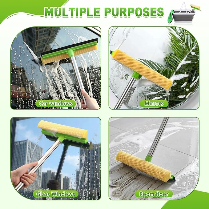 7 Pcs Windshield Car Squeegee and Collapsible Washing Bucket Combo Set 2 in 1 Squeegee Window Cleaner with Long Handle Car Interior Glass Cleaning Tool Reusable Pads Towel Spray Bottle