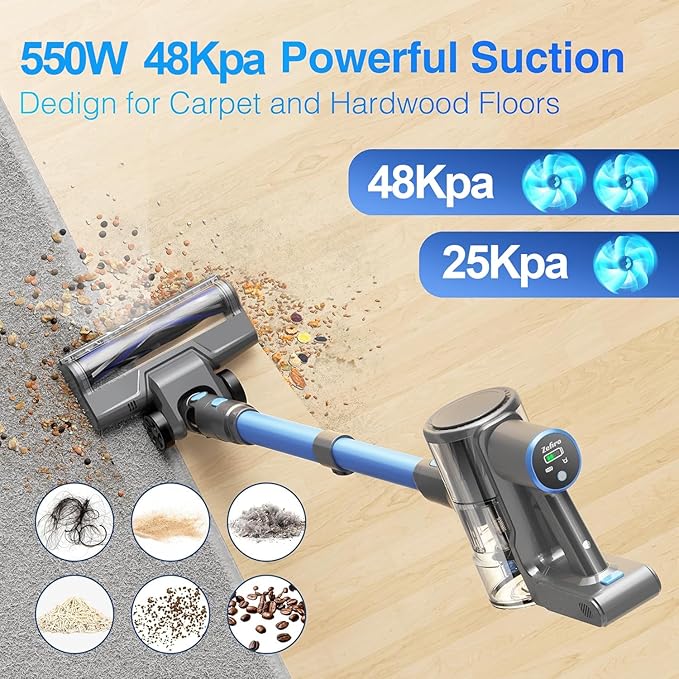 Zefiro Cordless Vacuum Cleaner for Home550W /48Kpa 50Mins Stick VacuumAnti-Tangle 1.5L Dust Cup Rechargeable Wireless Handheld Vacuum for Pet Hair/Carpet/Floor