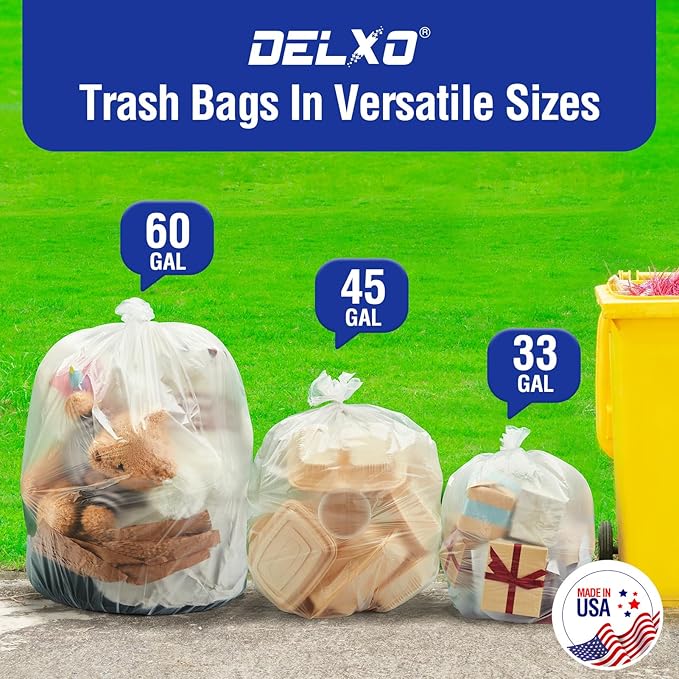 Delxo 40-45 Gallon Clear Trash Bags 250 Count – Medium Duty Garbage Bags Thick Durable &amp Puncture-Resistant Plastic – Made in USA for Kitchen Yard Office &amp Party