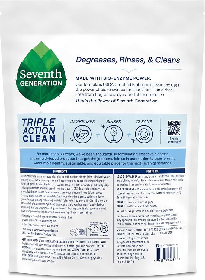 Seventh Generation Triple Action Clean Automatic Dishwasher Detergent Packs with Bio-Enzyme Power Free &amp Clear Fights 48-hour Stuck-on Food 54 count