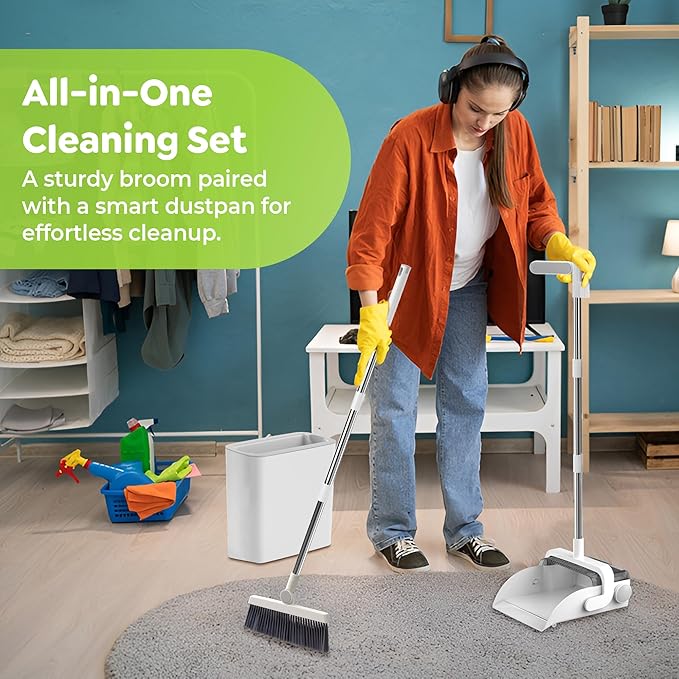 DustDockPro: Broom and Dustpan Set with Trashcan - Long Handle Upright Dust Pan with Teeth Comb Angled Bristles for Pet Hair Removal Compact Cleaning Kit for Kitchen Home Tiles Hard Floors