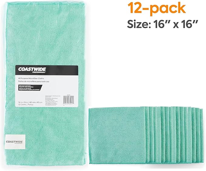 Coastwide Professional Microfiber Cloths 16 x 16 Green 12/Pack