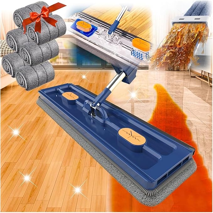Large Flat Mop2024 New Large Flat MopSelf-contained Dewatering ScraperWall Cleaning with Long HandleMicrofiber Magic 360° with Dewatering Scraper 12027(Blue+6 Rag)
