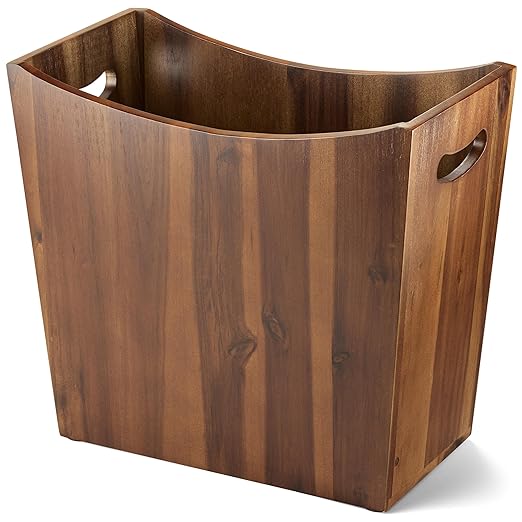 3 Gallons Rectangular Wastebaskets - Acacia Wood Waste Basket with Handles - Small Trash Can for Bathroom - Brown Garbage Bin for Spa Bathroom Decorative Kitchen Counter Living Room (Walnut)