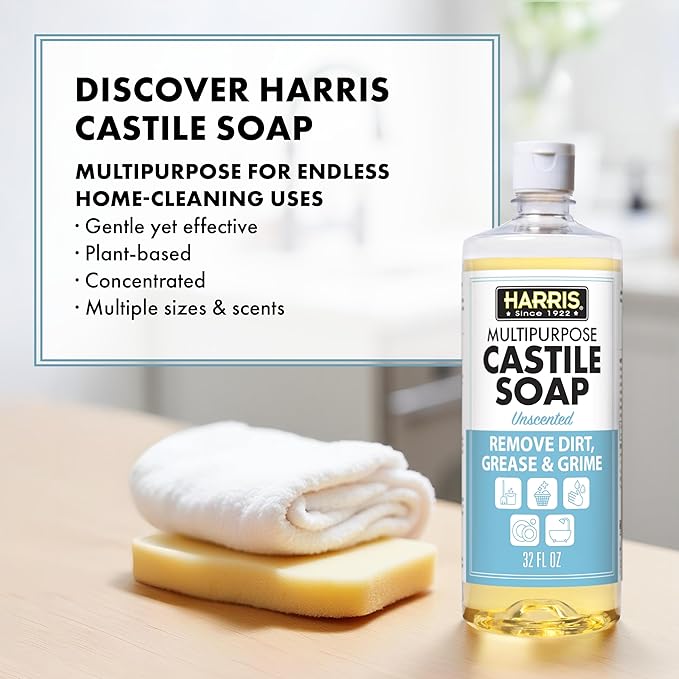 HARRIS Multi-Purpose Liquid Castile Soap for Home Cleaning Use as Dish Soap Laundry Detergent Kitchen &amp Bathroom Surface Cleaner Kids Room 2 Pack of 32 Fl Oz with Microfiber Cloth (Unscented)