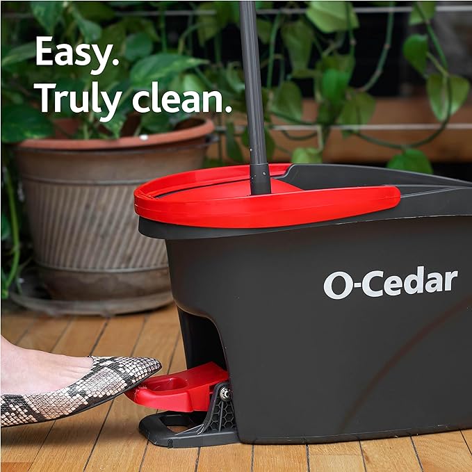 O-Cedar EasyWring Microfiber Spin Mop &amp Bucket Floor Cleaning System + 2 Extra Refills Red/Gray